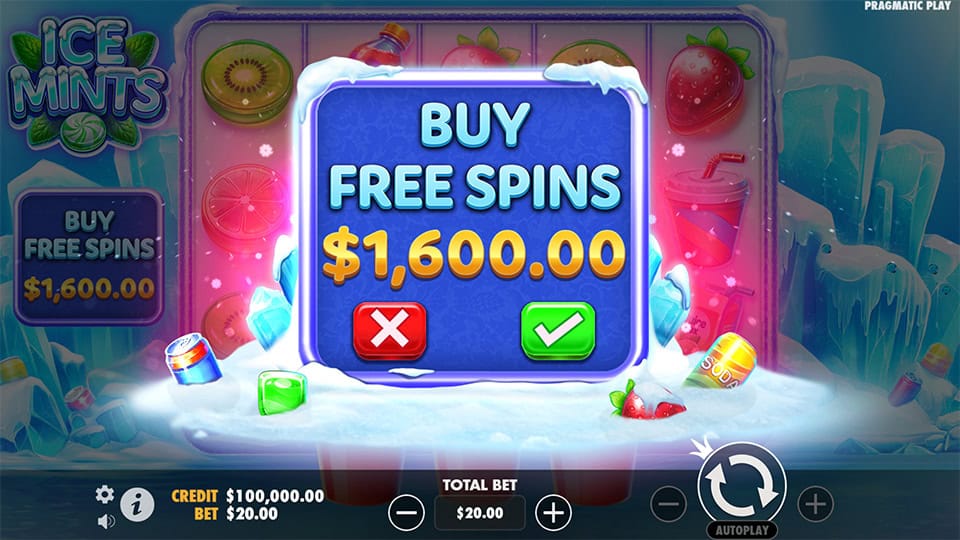 Buy Free Spins popup with icy design and green confirmation button over a fruity frozen background.
