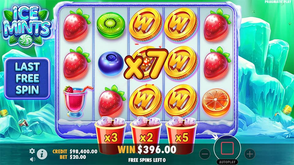 Final free spin with golden wild coins and a large x7 multiplier combining with fruity symbols and icy drink cups.