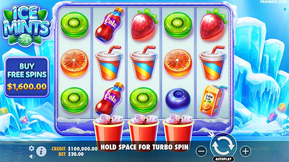 Colorful reel setup with fruit, soda and juice box symbols in a frozen landscape and bonus buy button on the side.