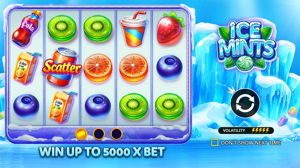 Intro screen showing volatility level, scatter feature and message promising up to 5000x your bet.