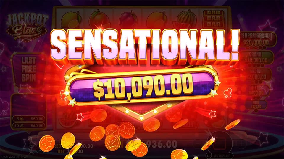 Sensational win banner with coins bursting out and glowing effects over the blurred reels.