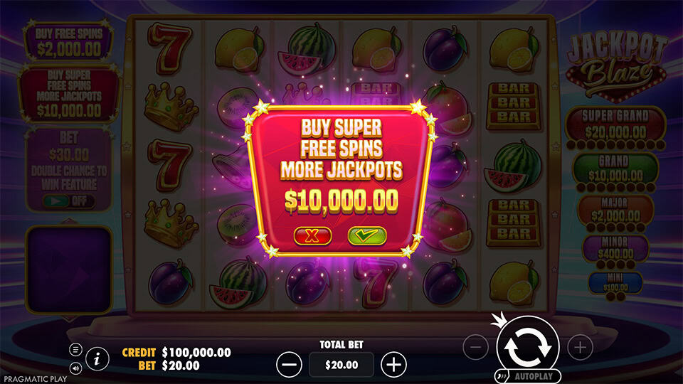 Super Free Spins feature buy popup with confirmation buttons, promising more jackpots.