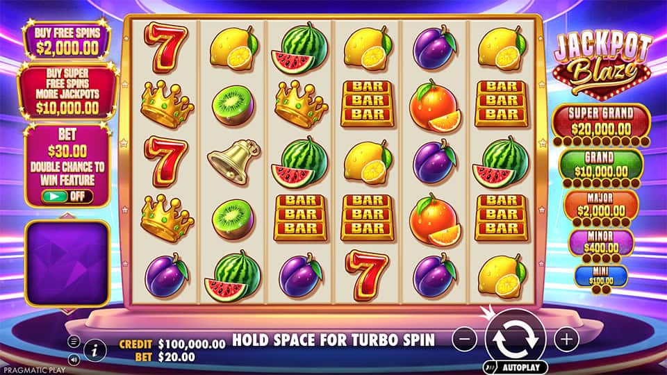 Fruit-themed reels with BARs, 7s and jackpots, featuring vibrant symbols and a purple glowing interface.