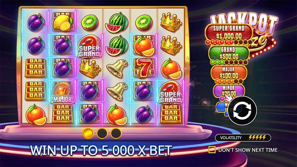 Intro screen with glowing reels, Super Grand jackpot symbols and volatility rating at the bottom.