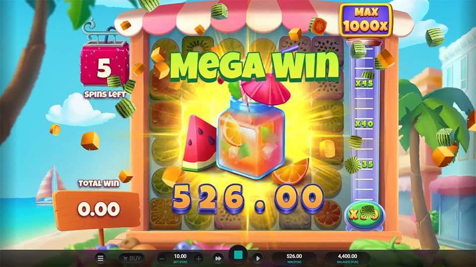 Mega Win of 526.00 with exploding fruit cubes and jar animation.