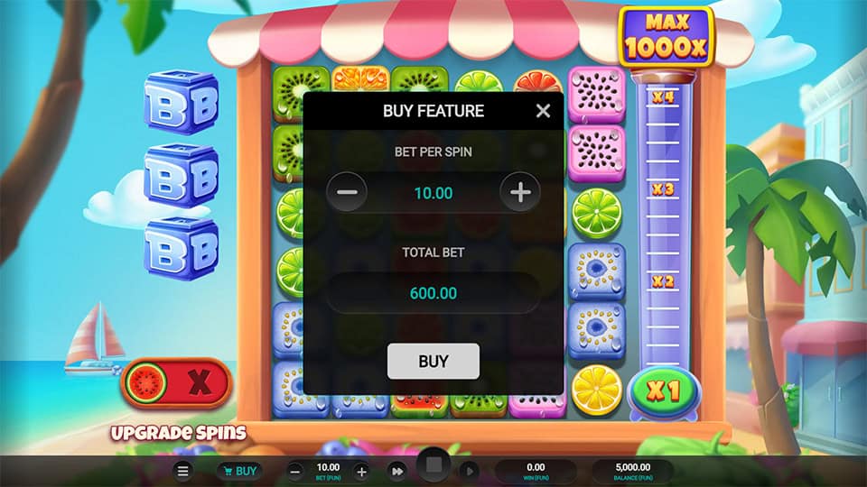 Buy Feature menu with bet and adjustable spin value.