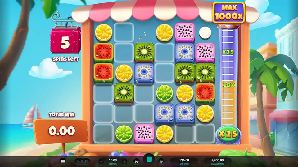 Multiplier ladder climbing to x25 with visible fruit combos, 5 spins left displayed on screen.