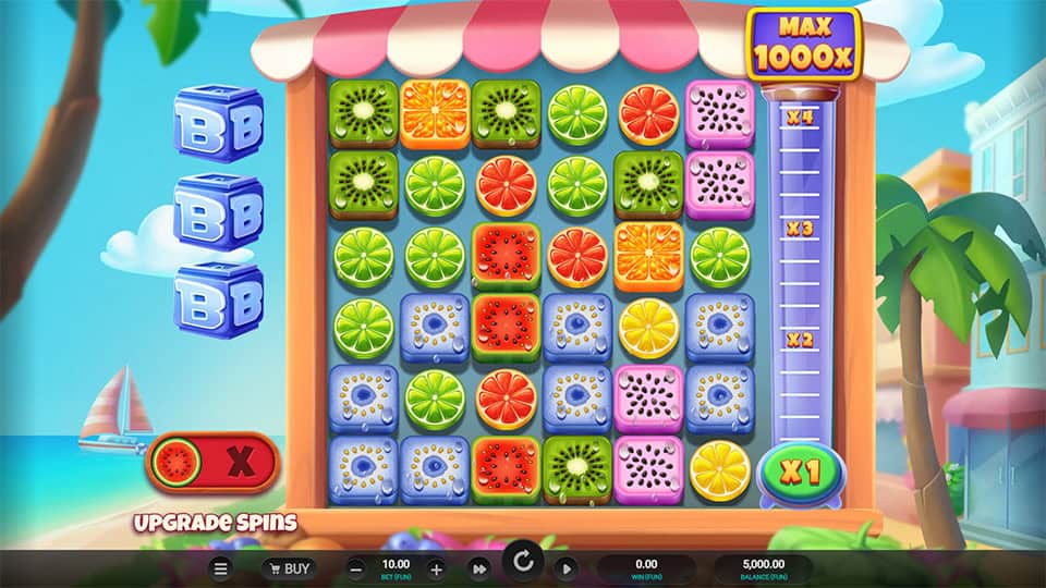 Reels filled with colorful fruit blocks and 1000x max multiplier bar on the right, set in a beachside stand.