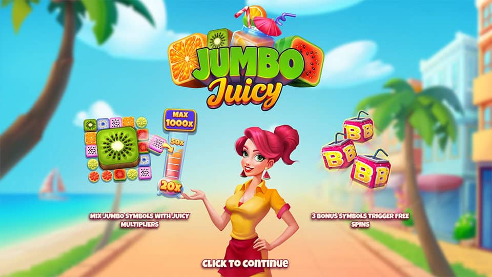 Intro screen of Jumbo Juicy slot with fruit symbols, bonus cubes and animated hostess under palm trees.