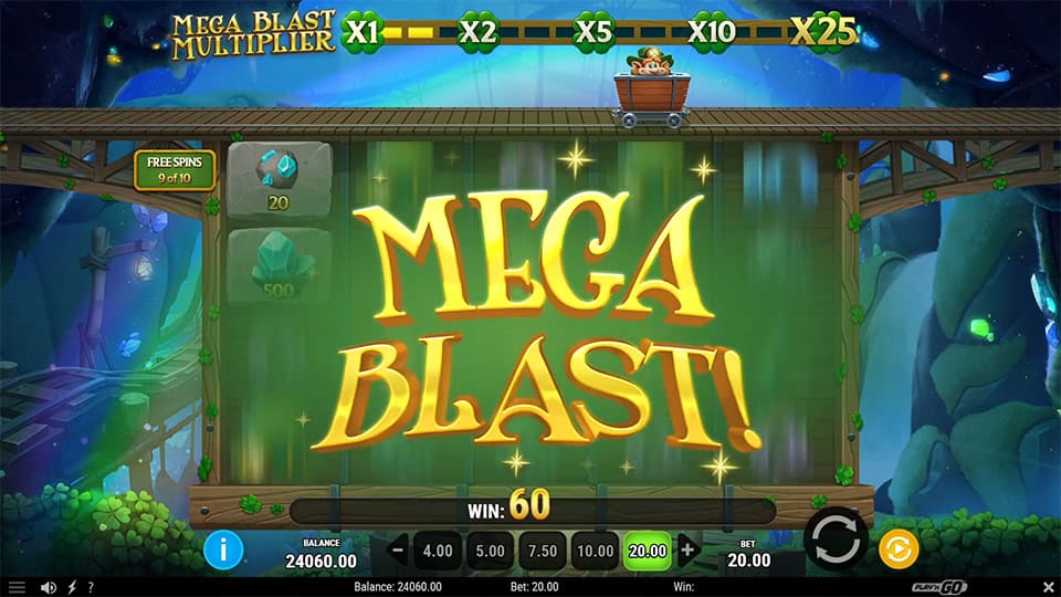 MEGA BLAST message on screen with stacked carts above.