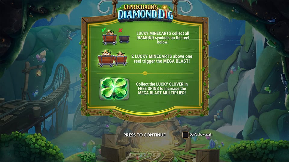 Intro page with rules for triggering Mega Blast using minecarts and clovers to boost multipliers.