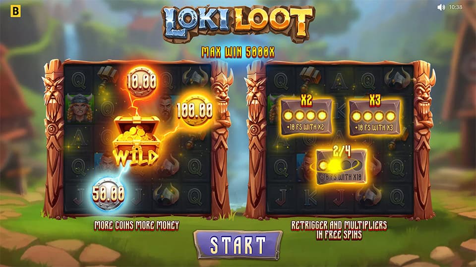 Loki Loot intro screen showing bonus features, wild collection with coin prizes and free spin multipliers.