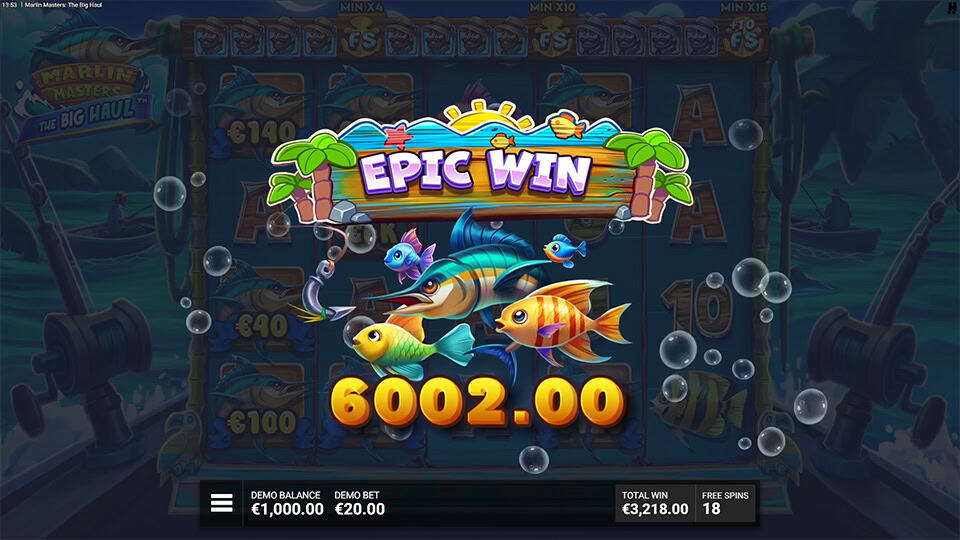 Epic Win display with vibrant fish swimming across the screen and bubbles rising.