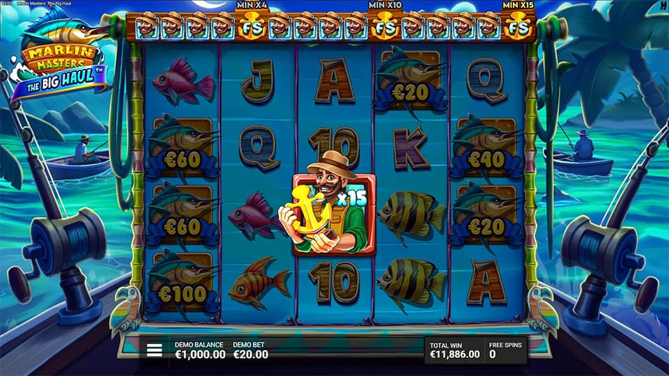 Fisherman holding golden anchor with x15 multiplier active during a free spin round.