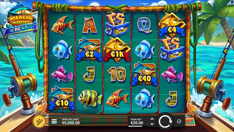 Colorful slot grid with marlin symbols, fish, treasure chests and tropical sea background.
