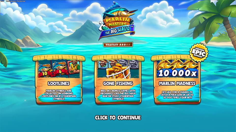 Intro screen highlighting Lootlines, bonus games and Marlin Madness with up to 10,000x max win.