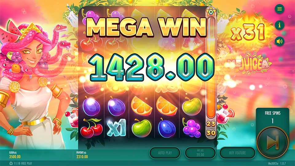 Mejuicea Mega Win with 1,428.00 prize and x31 multiplier, fruits glowing behind reels.
