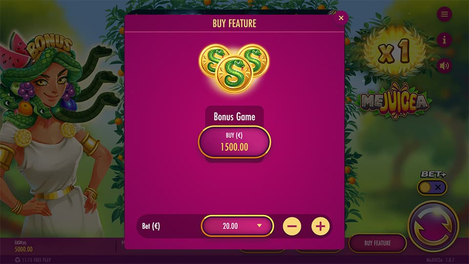 Buy Bonus Game popup in Mejuicea with price and adjustable bet control.