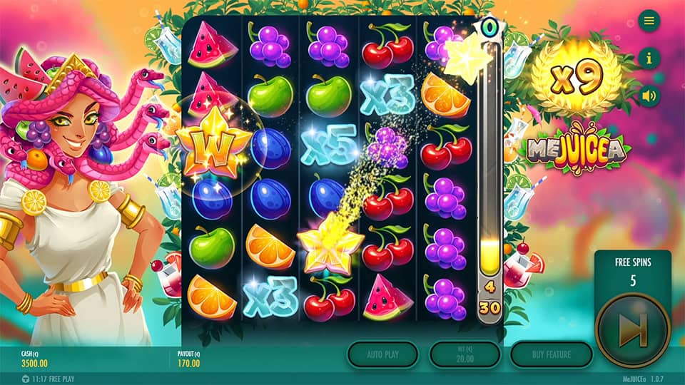 Highlighted wild stars triggered from charge meter with x9 multiplier, sparkling across fruity reels.