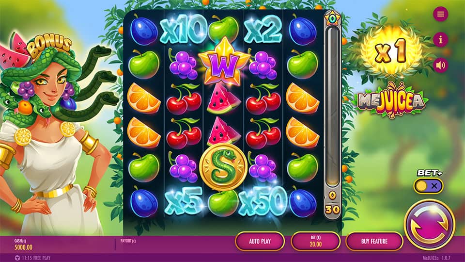 Reels packed with colorful fruits and multipliers, plus x1 charge meter in bottom-left and bonus symbols.