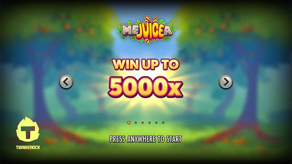 Intro screen of Mejuicea slot showing “Win up to 5000x” message with glowing forest setting.