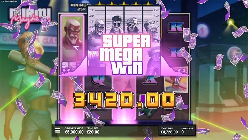 Super Mega Win banner with purple mugshot-style backdrop and raining bills celebrating a high win.