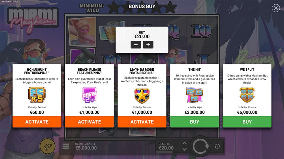Bonus Buy screen offering five spin modes with increasing volatility and crew-related mission boosts.