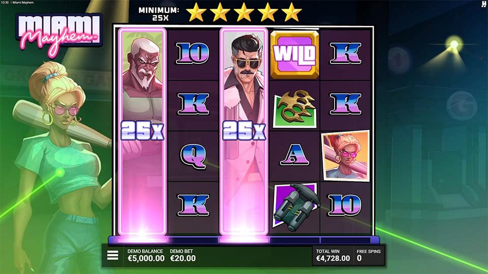 Slot screen with highlighted crew symbols and multipliers appearing on vertical reels with wilds and stars above.