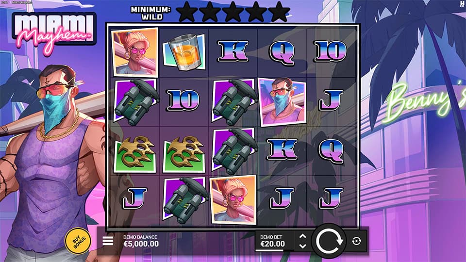 Base game reels featuring weapons, crew members, sunglasses and neon symbols under a tropical skyline.