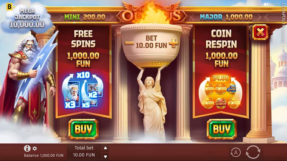 Bonus buy screen with Zeus on the left offering Free Spins and Coin Respin options.