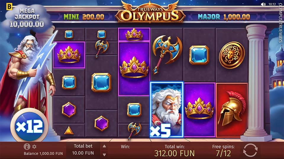 Free spins round with x5 Zeus wild and total multiplier of x12 highlighted on the reels.