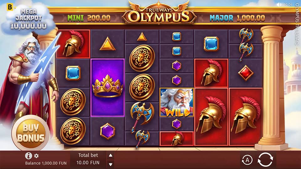 Base game screen showing ancient Greek symbols, stacked helmets and a Zeus wild on the reels.