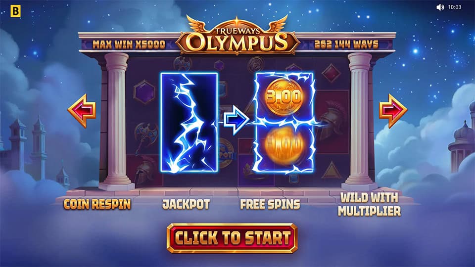 Intro screen with Zeus beside the reels, featuring Buy Bonus button and jackpots displayed.