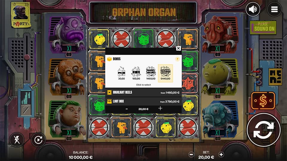 Bonus menu showing selectable options with loot box and reel highlight choices.