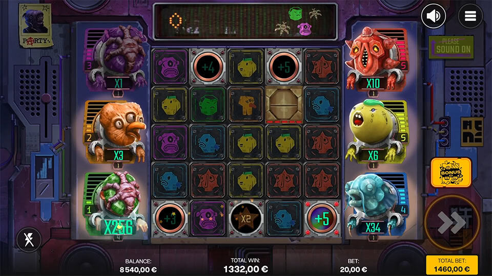 Special reel layout with highlighted airlock symbols and green +3/+4 multipliers boosting character levels.