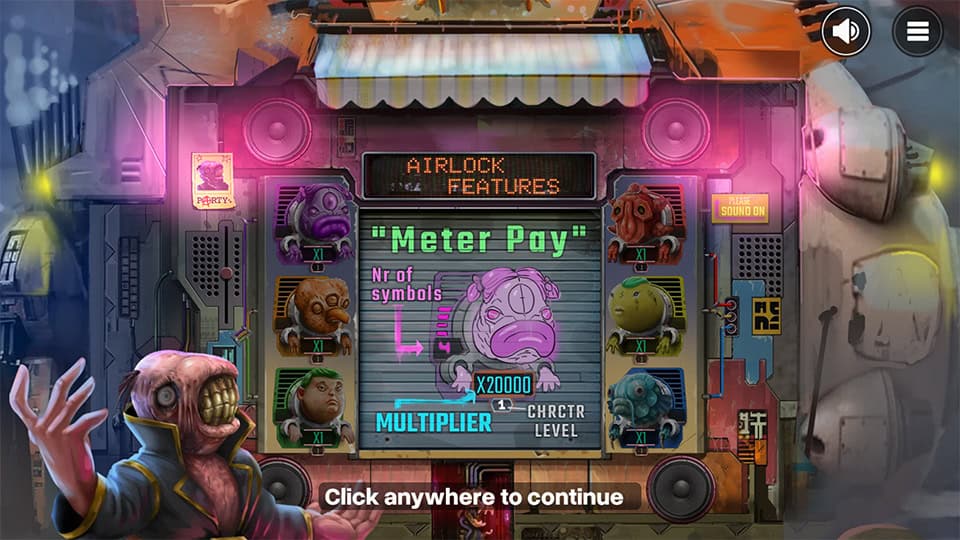 Feature screen introducing "Meter Pay" and character multipliers, with animated alien host and neon signage.