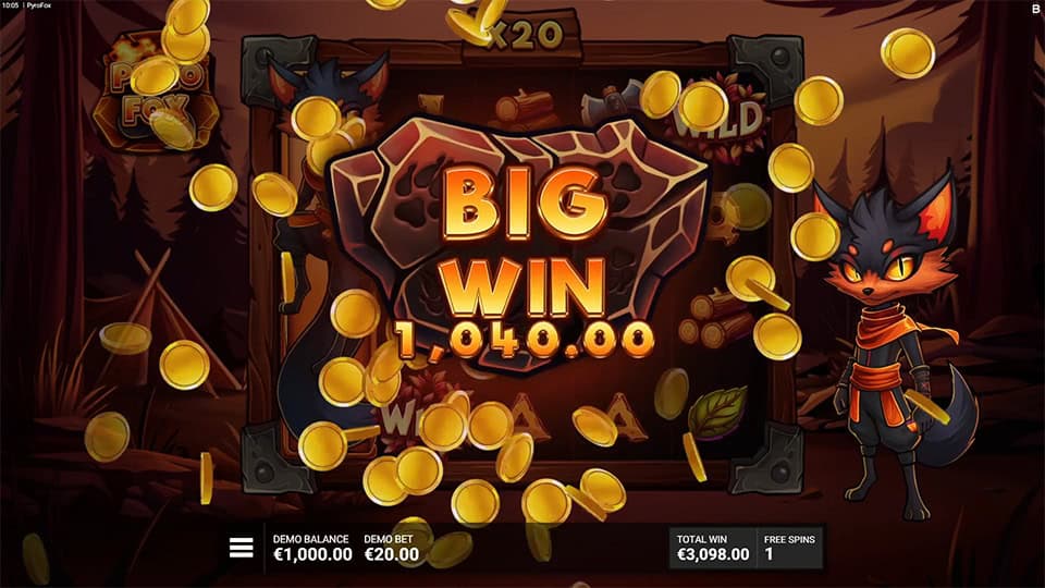 Big Win message with coins flying and Pyrofox character standing beside a scorched wooden board.