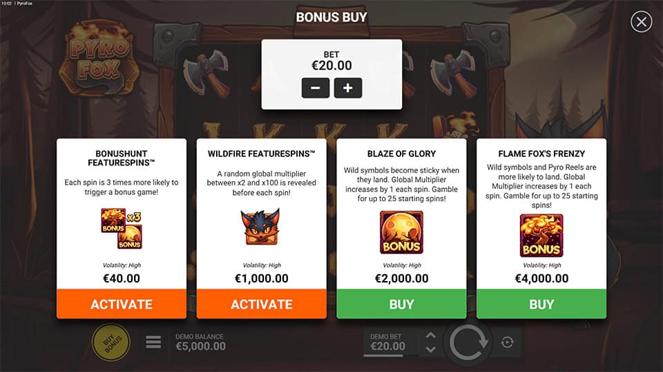 Bonus buy menu with four spin modes, each offering different fiery features and volatility levels.