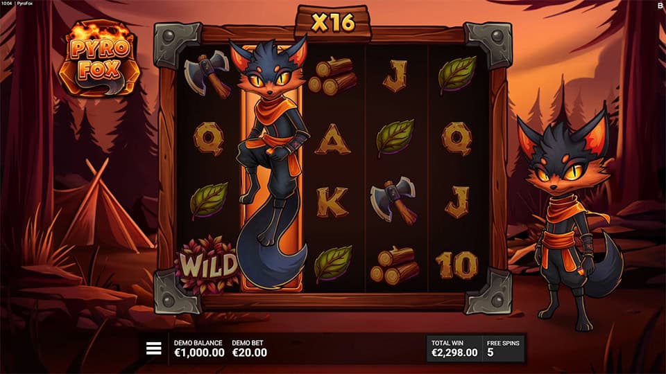 Active Pyro Wild reel with stacked wild and Pyrofox on the side during free spins.