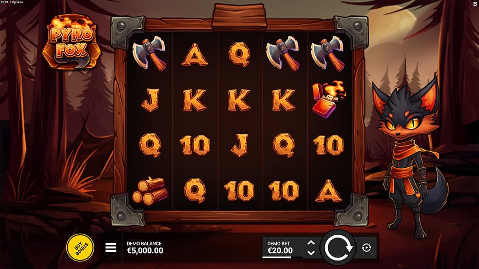 Reels filled with axes, leaves, logs and card symbols with the Pyrofox character on the right.