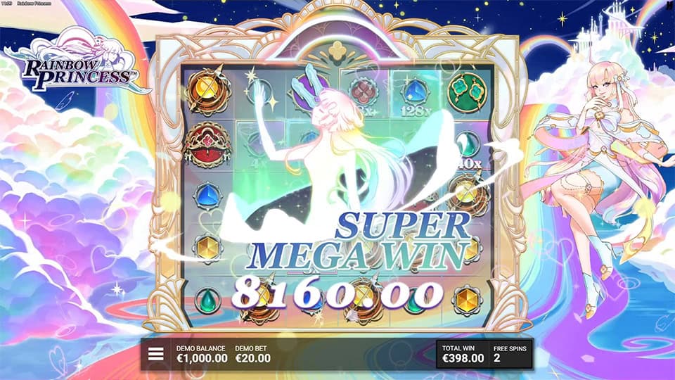 "Super Mega Win" message on screen with glowing princess silhouette and rainbow-themed visuals.
