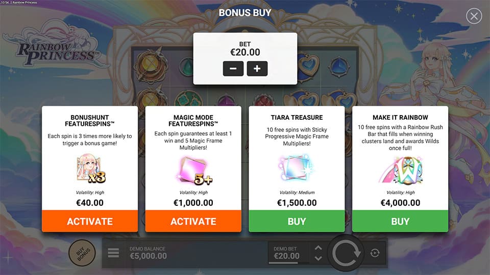 Feature buy menu offering multiple free spins modes with different volatility and mechanics.