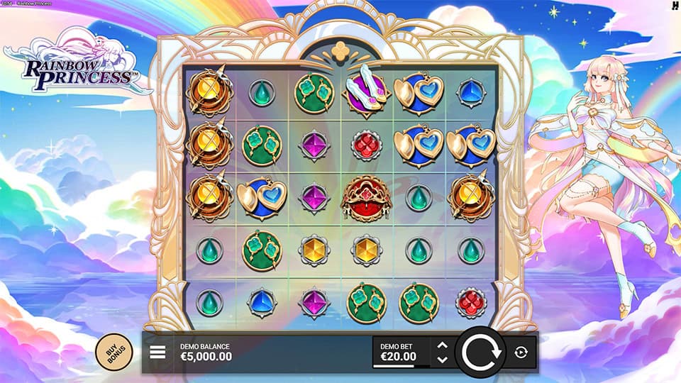 Game grid with colorful heart, gem and shoe symbols set against a magical fantasy sky.