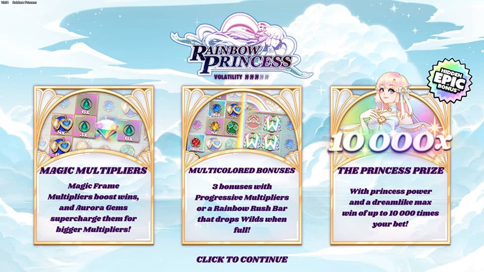 Intro screen showing three bonus features with icons: multipliers, rainbow bar and top prize panel.