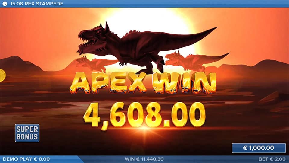 Apex Win €4,608.00 with T-Rex silhouettes running across a lava field at sunset.