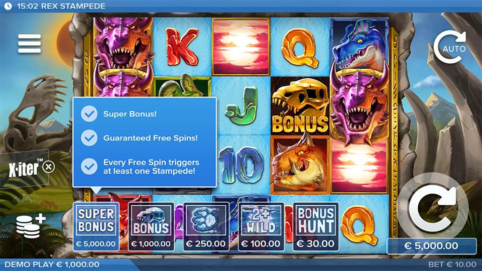 X-iter bonus buy menu featuring Super Bonus, Bonus Hunt and Wild options.