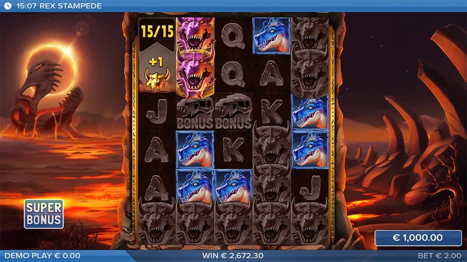 Sstacked golden T-Rex symbols and BONUS icons on screen.