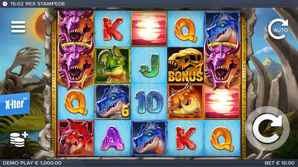 Slot screen showing colorful dinosaur symbols, bonus symbols and wilds on a stone-framed grid with jungle backdrop.