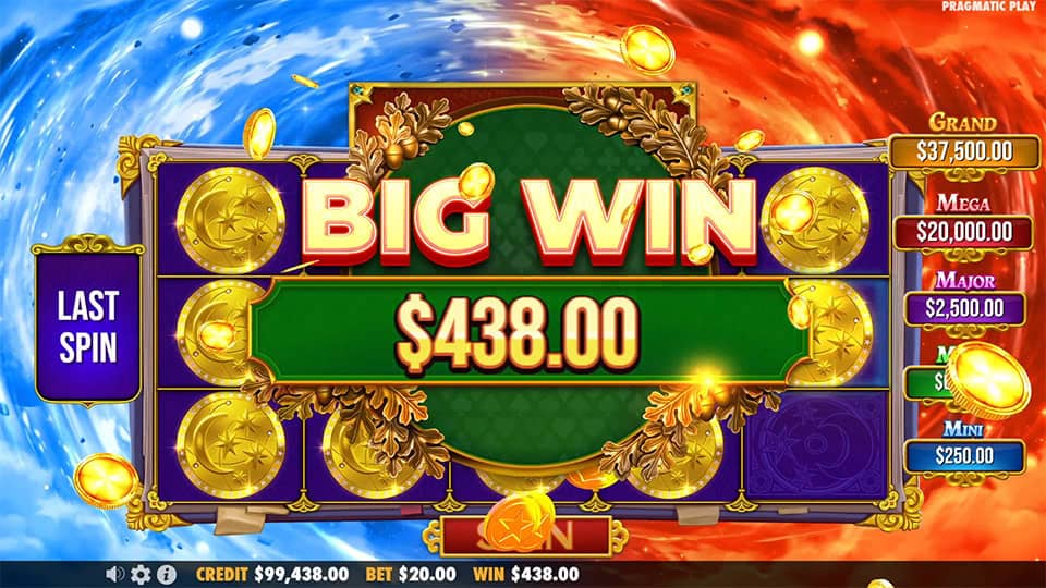 Big Win celebration with gold coin animations and highlighted win banner on a purple-and-gold gameboard.