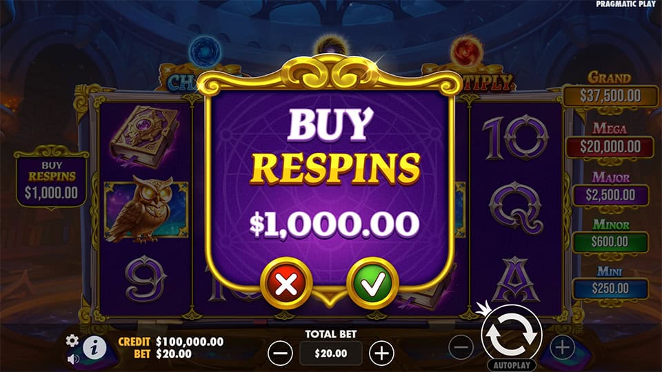 Buy Respins prompt with purple framed message and confirmation buttons shown over spell-themed symbols.